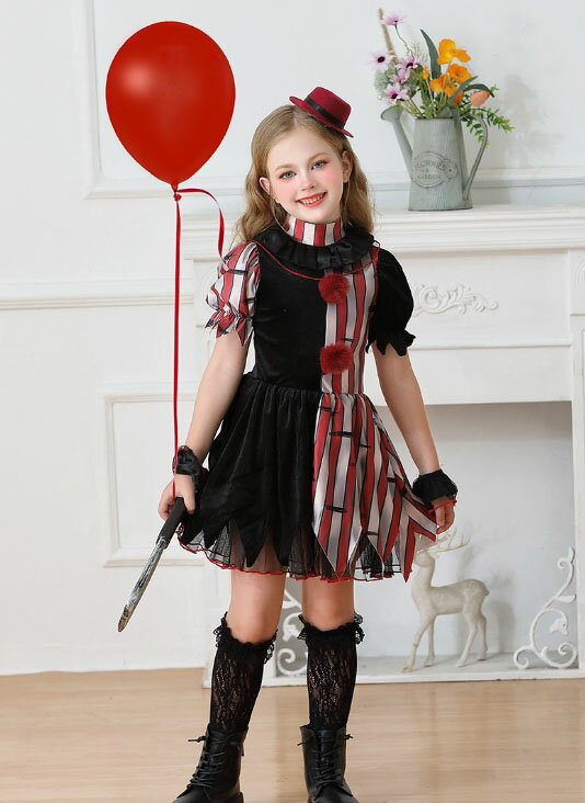 子供 ハロウィン コスプレ衣装 女の子 ピエロ 悪魔 魔女 コスプレ 半袖 ハイネック ミドル丈 ワ