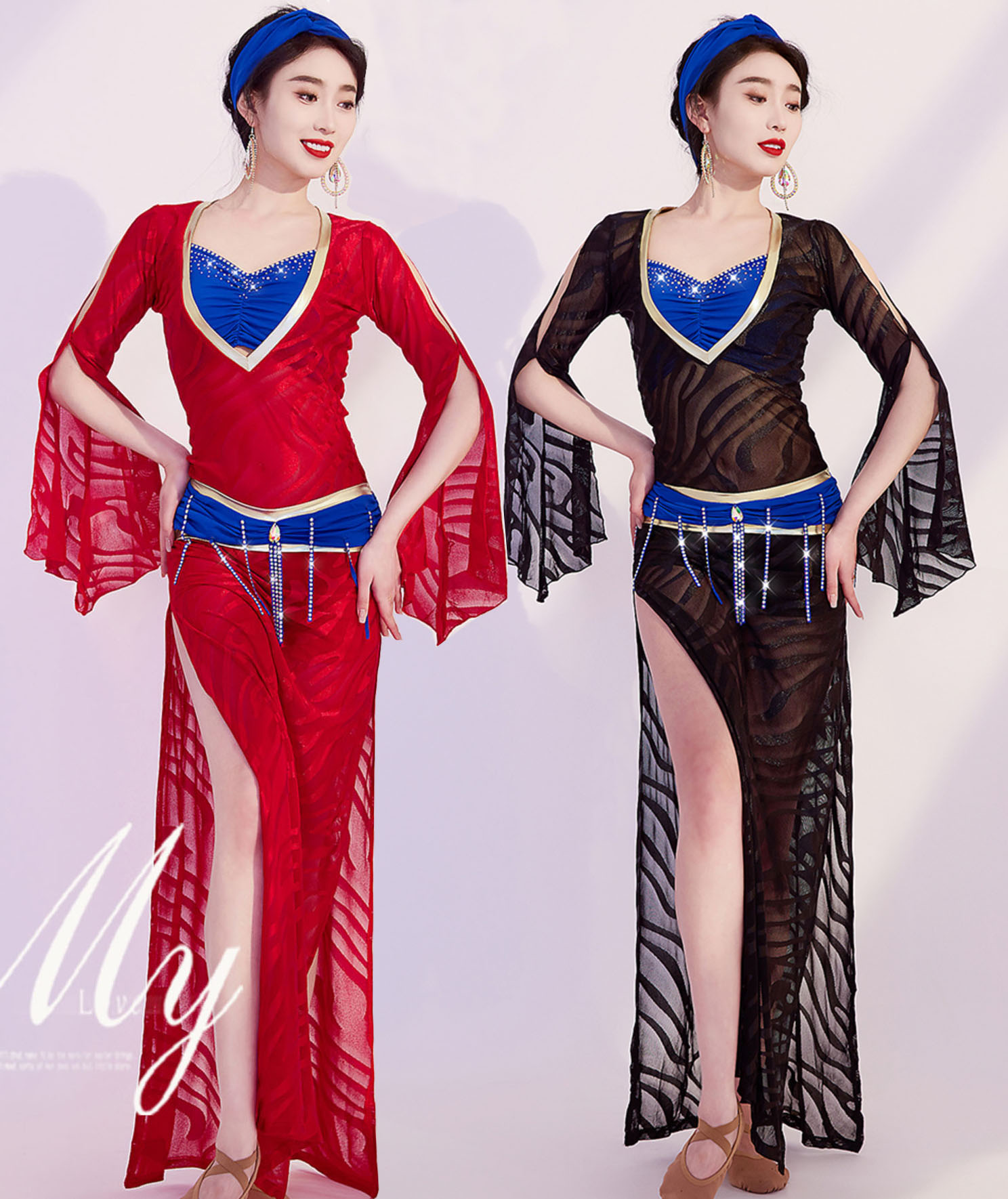 ベリーダンス衣装4点セット レディース ベリーダンス バラディ オリエンタル エジプト サイディ パフォーマンス 民俗 民族風 ダンス衣装 ロング丈 サイドスリ...