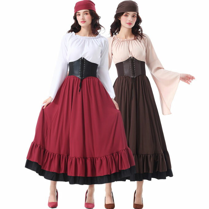 4点セット 中世期 海賊 コスプレ衣装 レディース 長袖ブラウス ロング丈 スカート ベルト 頭巾 レトロ ..