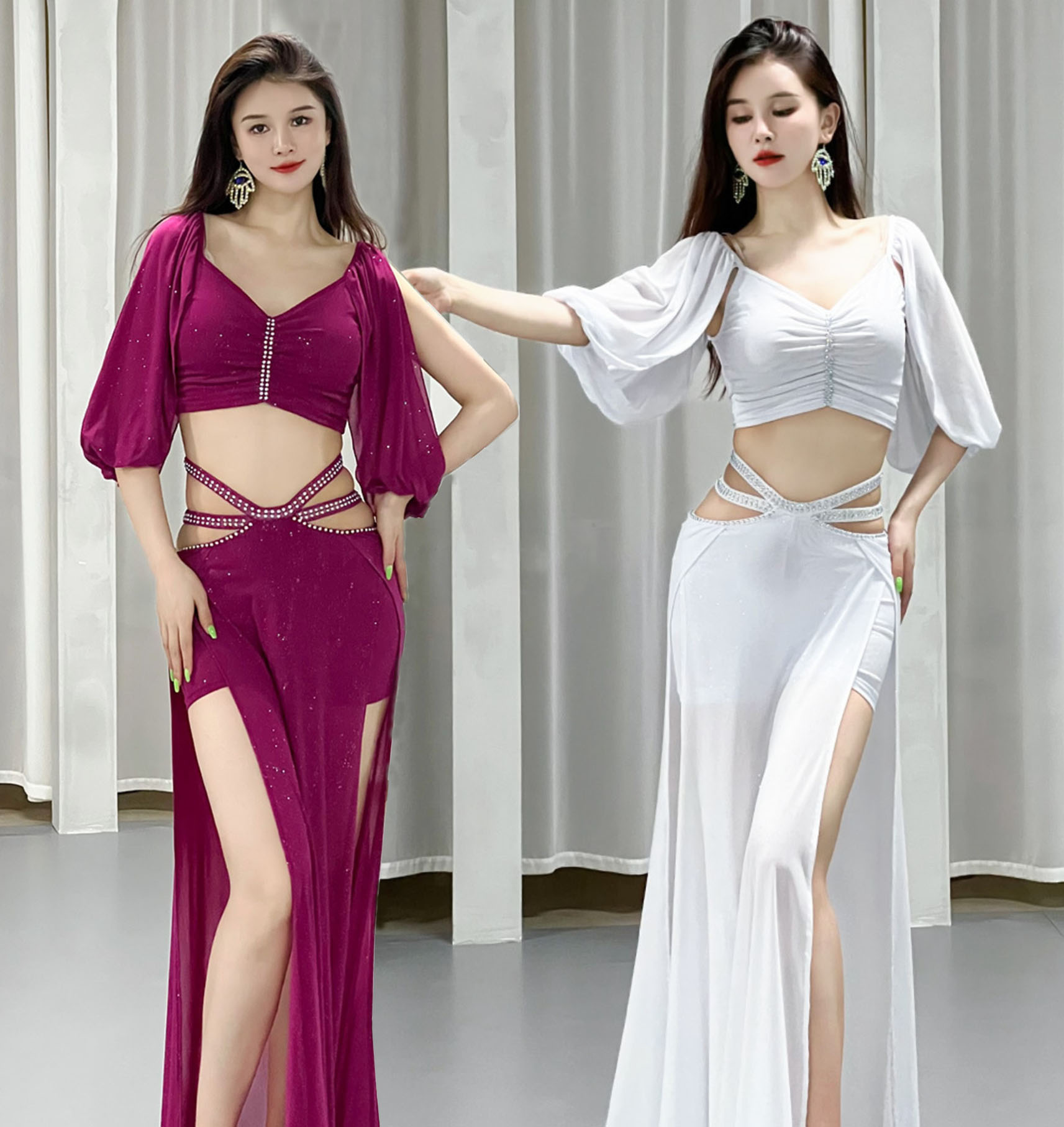 ベリーダンス衣装 2点セット レディース セクシー ベリーダンス 練習着 レッスン着 VネックV 五分袖 穴開け ショート丈 トップス ハイスリット ロング丈 ...