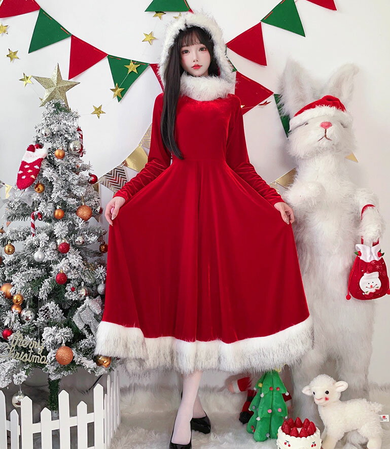 クリスマス ワンピース 長袖 フード付き ロング丈 ミモレ丈 ワンピース 厚手 ベルベット ファー付き レディース サンタ コスプレ 衣装 XMAS イベント パーティー サンタ服 可愛い 暖かい サンタクロース フレア ワンピース 高品質 M L XL