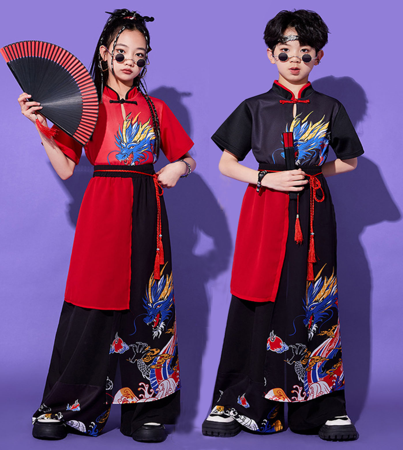 子供 中華風ダンス 衣装 キッズ ヒップホップ ダンス 衣装 上下セット 腰紐付き エスニック チャイナ風 ステージ衣装…