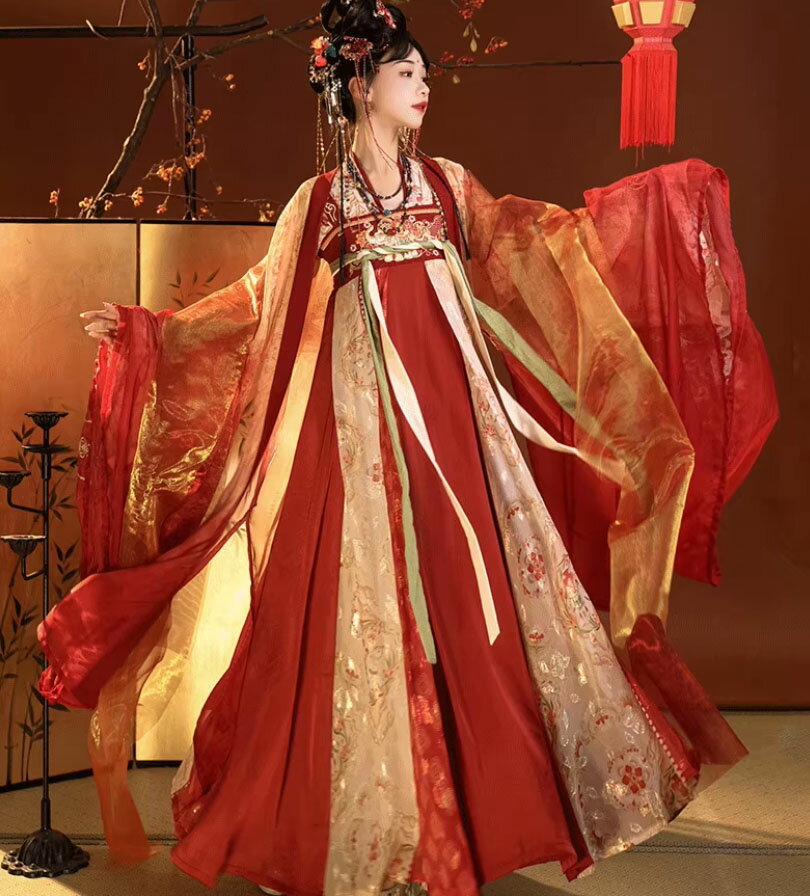 華やか 漢服 5点セット レディース 赤系 漢服ドレス キラキラ 中国古代 唐朝 中華コスプレ衣装 中華古代時代劇 お姫様 皇后 貴妃 仮装 変装 振袖羽織付き ストール2点 エスニック花柄 光沢感有 中華古典風 結婚式 花嫁 中華衣裳 華流 コスプレ S M L XL