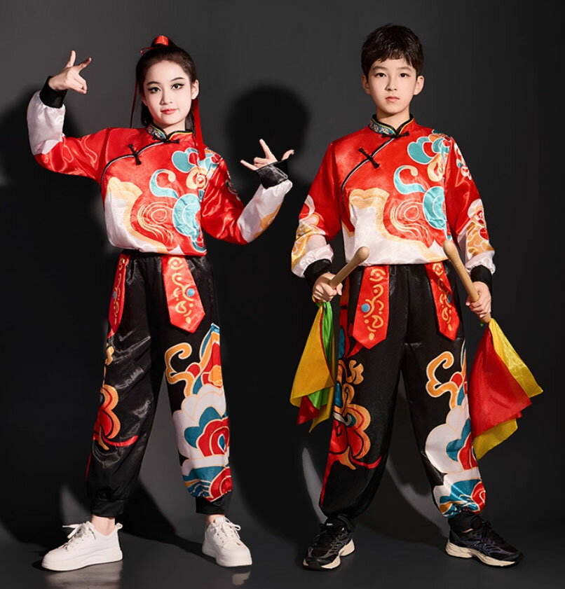 Rakuten - 子供 中華風 ダンス 衣装 ステージ衣装 女の子 男の子 赤黒系 太極拳 武術 カンフー 衣装 チャイナ民族ダンス ヒップホップ ダンス衣装 長袖 チャイナブラウス ロング丈 サルエルパンツ エスニック柄 華流 古典 ダンス 演奏 チアダンス 表演衣装 120 130 140 150 160 170 180