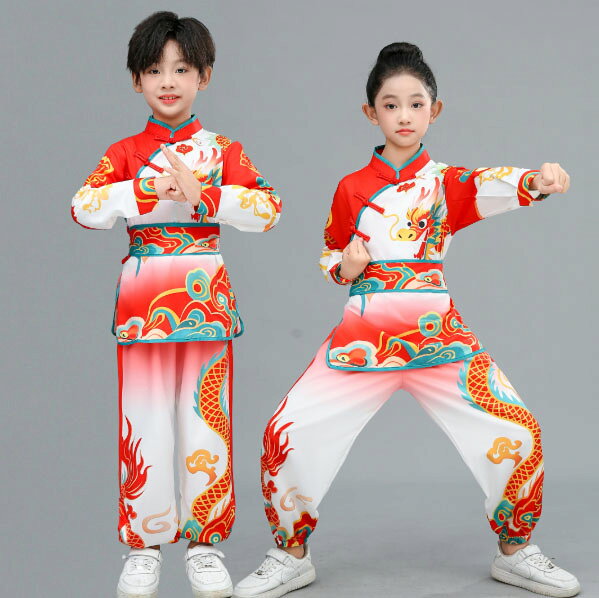 Rakuten - 太極拳服 中華 カンフー 武術ウエア 子供 長袖 長ズボン チャイナ風 ダンス ステージ衣装 龍プリント 白＋赤 エスニック 中華ダンス 衣装 ベルト付き 女の子 男の子 キッズ ジュニア カンフー 太極拳 表演服 110 120 130 140 150 160 170 180