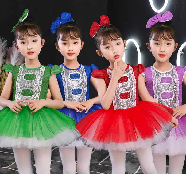 Rakuten - 子供 演出 ステージ衣装 女の子 スパンコール チュチュ ワンピース 半袖 ショート丈 ふわふわ チュチュ ワンピース 4色 髪飾り＋タイツ 可愛い3点セット キッズ ジュニア 発表会 演奏会 合唱 ダンス 演奏 ワンピース 赤 緑 青 紫 100-160