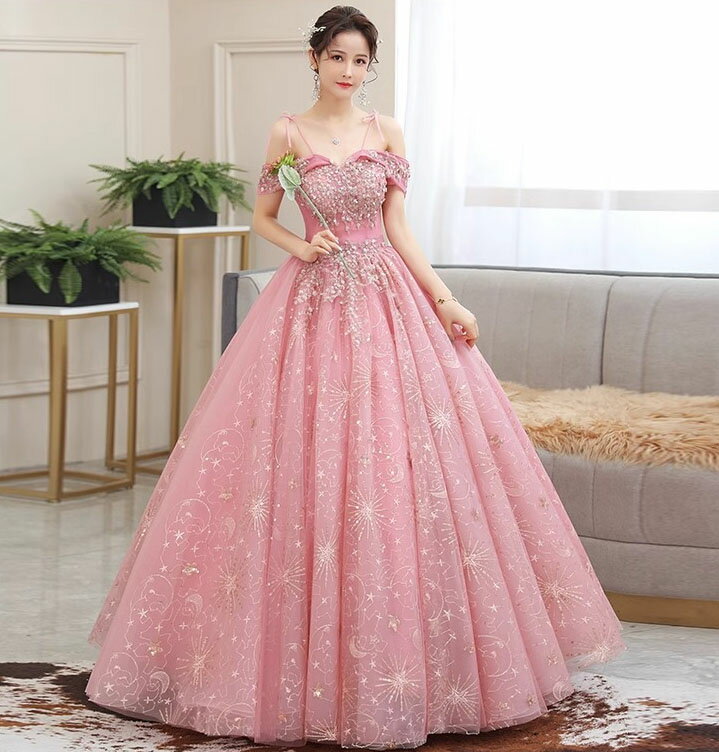 Other - パーティー ドレス ロング丈 マキシ丈 カラードレス ストラップ ベア・ショルダーカラーウエディングドレス ワインレッド ピンク Aライン スパンコール 刺繍 キラキラ ボリューム パーティー 発表会 演奏会 フリルドレス 舞台 ステージ 演出 演奏 ドレス XS～3XL