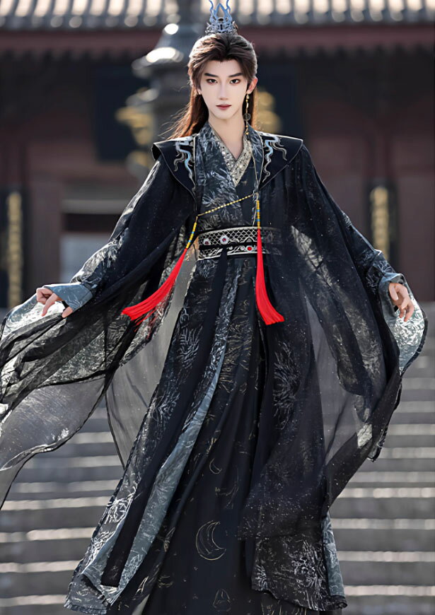 中華 コスチューム タッセル飾り マント ケープ付き フルセット 大人 メンズ レディース 男女兼用 暗黒系 チャイナ服 漢服 中華コスプレ衣装 黒 プリント 交差襟 振り袖 おしゃれ 王子様 皇帝 中国古代服装 華流 古代 仙侠 時代劇 全身仮装 変装 エスニック プリント