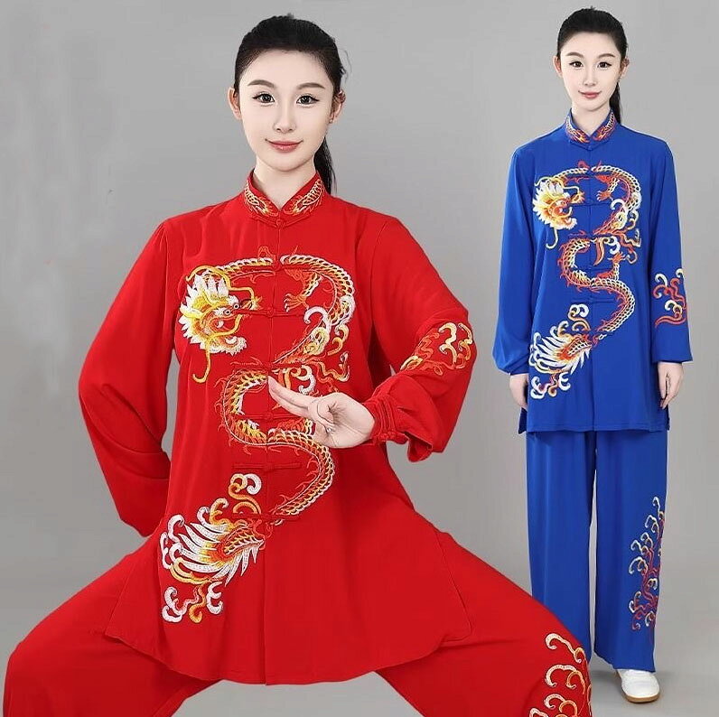 純の洋服屋さんの龍刺繍 太極拳服 大人 男女兼用 長袖 上下2点セット 太極拳ウエア メンズ レディース オールシーズン 高級 拳法 太極拳 カンフー 武術 気功 練習 試合 表演服 ミドル丈 ゆったり 大きめ 演舞 表演ウエア チャイナ服 綿 赤 黒 青 XS S M L XL 2XL 3XL｜アングル3
