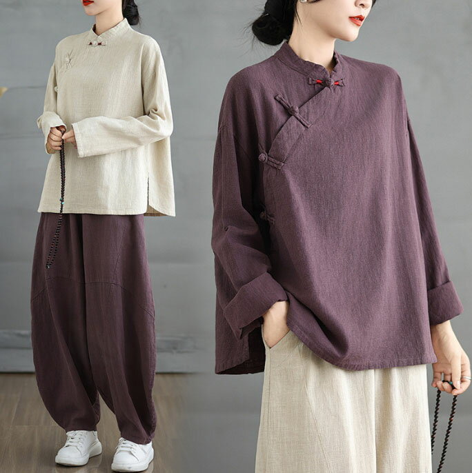 綿麻 ブラウス 長袖 春秋用 ナチュラル リネン シャツ チャイナボタン ゆったり チャイナブラウス レデ..