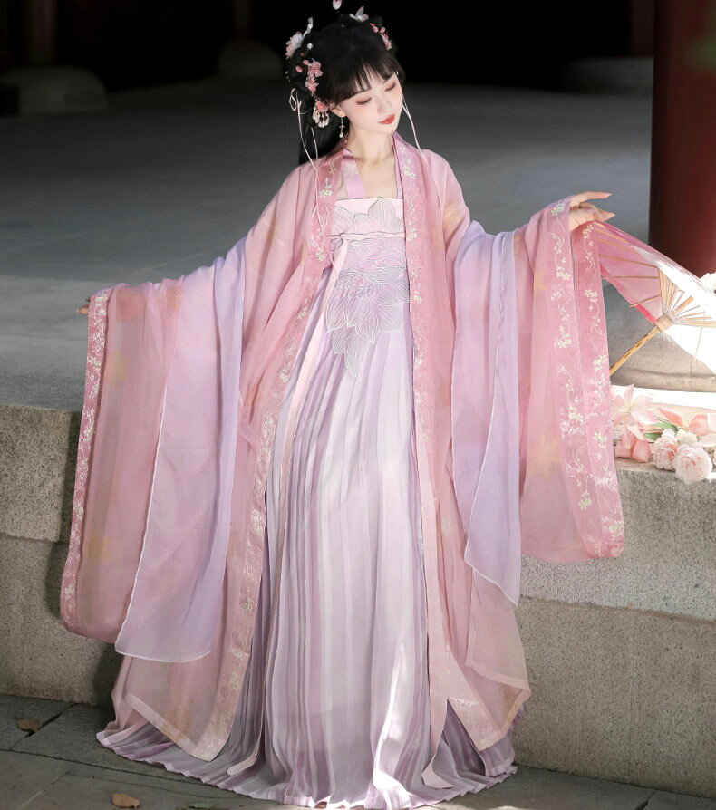 純の洋服屋さんのチャイナ服 中華コスプレ衣装 中国古代服装 羽織付き4点セット レディース 大人 お姫様 漢服ドレス チャイナ風 中華服 華流 コスプレ衣装 グラデーション シフォン ふんわり 連花 華やか 貴妃 皇后 漢服 唐朝 中華 古典 古代 時代劇 コスチューム ピンク ブルー S M L｜アングル3