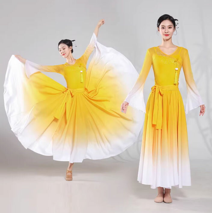 レディース 古典ダンス衣装 バレエ 社交ダンス モダンダンス衣装 グラデーション 黄色系 広がる ロング丈 シフォン スカート 全円 裾720° 展開 ボリューム スカート 85cm90cm95cm 長袖 Vネック ラインストーン チュール ブラウス 飄逸クラシカル ダンスウエア