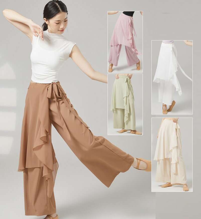 ダンス パンツ ひらひらのスカーフ付き ロング丈ワイド パンツ ガウチョパンツ シフォン 飄逸 ストレート ワイドパンツ エレガント レディース 古典ダンス バレエ 民族ダンス 社交ダンス 練習着 レッスン着 クラシカル ダンス パンツ 白 緑 ピンク ベージュ ブラウン S M L