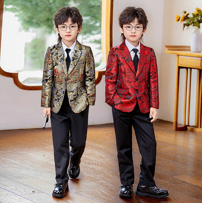 Rakuten - 子供 スーツ ステージ衣装 男の子 長袖 テーラードジャケット 赤 金 龍 おしゃれ キッズ ジュニア 結婚式 パーティー 演奏会 発表会 合唱 スーツ 礼服 演出 ダンス衣装 ステージ スーツ ジャケット単品 上下3点 4点セット シャツ ネクタイ追加可 90-160cm