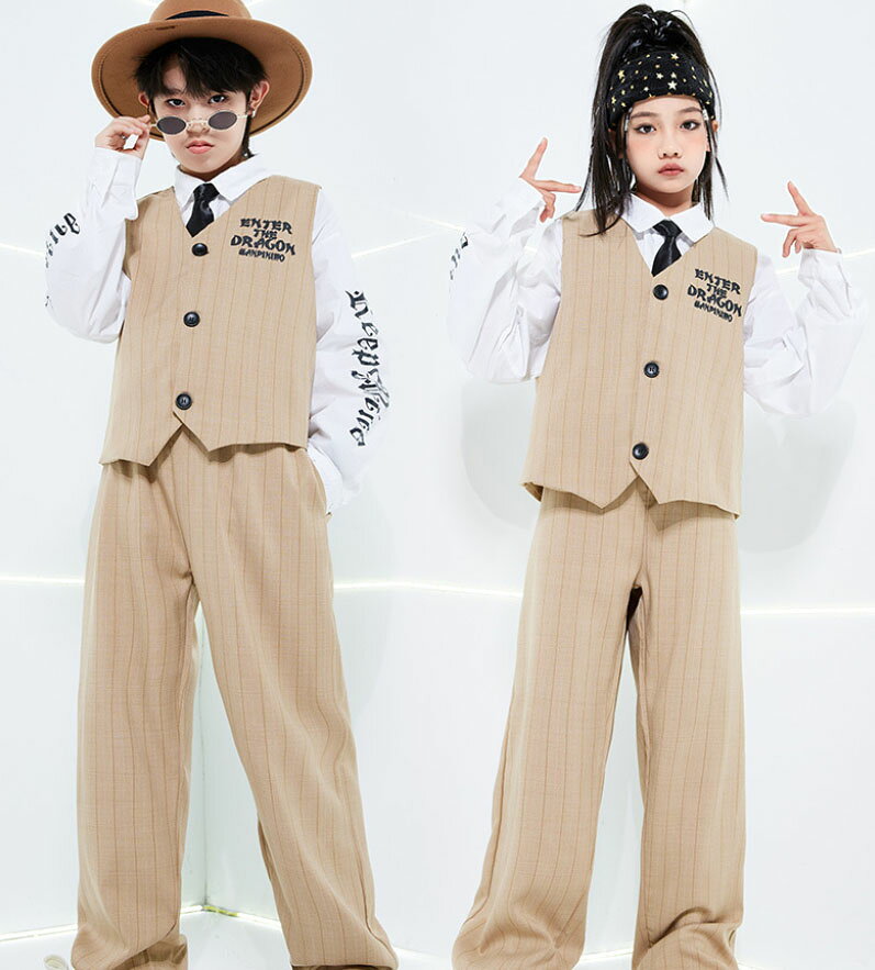 Rakuten - 子供 ダンス 衣装2点 3点 4点セット キッズ ユニセックス ジャズ ストリートダンス 衣装 ベージュ 前開けベスト 長ズボン ストライプ柄 ゆったり 子供 ジュニア 小学生 中学生 おしゃれ カジュアル ベストスーツセット 長袖シャツ ネクタイ追加可 ポップ ロック ダンス衣装
