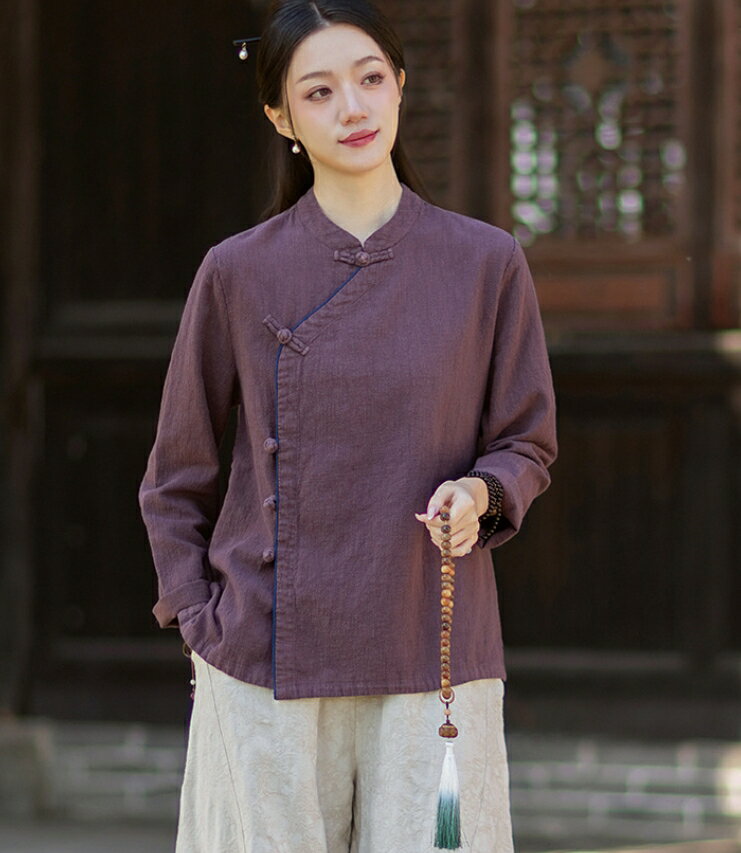 樂天商城 - 綿麻 ブラウス 春新作 レディース ナチュラル リネン 苧麻（ちょま）ブラウス 長袖 チャイナボタン ゆったり ナチュラル服 ショート丈 トップス ゆったり 春秋向け 太極拳 ヨガ ウエア チャイナ服　3色