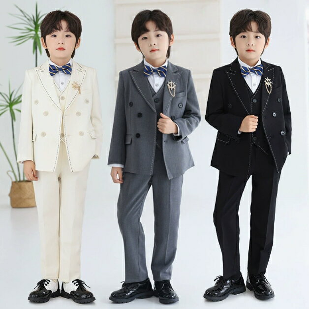 男の子 スーツ 5点セット 6点セット キッズ スーツ 子供服 フォマール スーツ ダブルボタン ベスト 蝶ネクタイ ブローチ付き ワイシャツ追加可 春秋向け オールシーズン フォマール 礼服 タキシード パーティー 結婚式 演奏会 発表会 スーツ 黒 ベージュ グレー 90-170cm