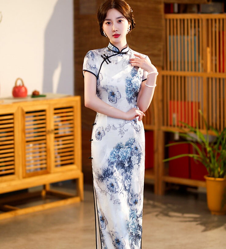 Rakuten - 花柄 チャイナドレス ロング丈 ミモレ丈 半袖 チャイナ ドレス 水墨風 花プリント 美シルエット 白地 レディース 中華古典ドレス 中華ファッション 華流 コスチューム 中国風 パーティードレス M L XL 2XL 3XL 4XL