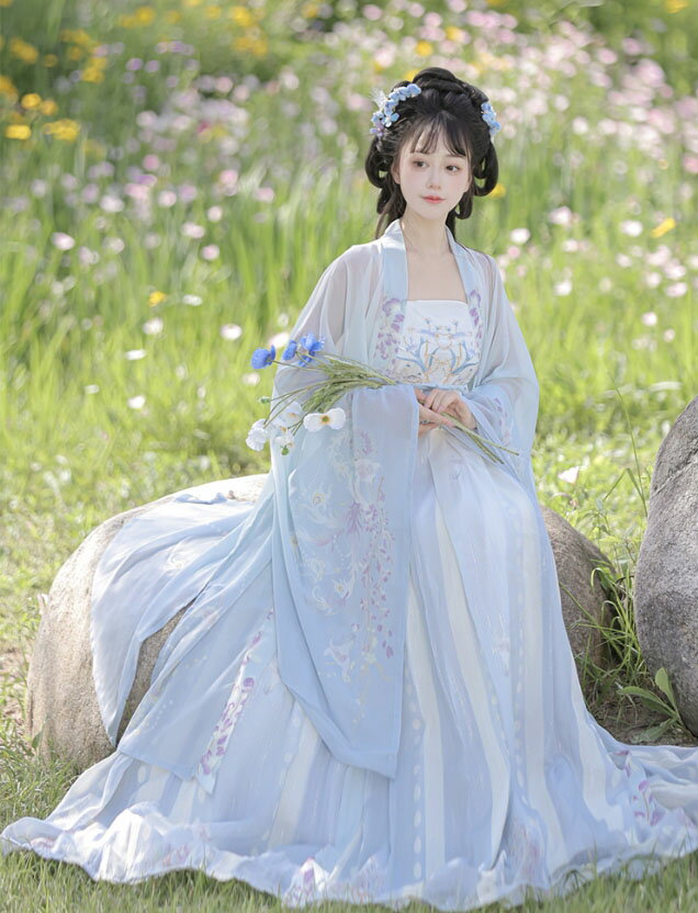 漢服 レディース 中華コスプレ衣装 唐朝 中国古代服装 女性 大人 振り袖の羽織付き 2点セット 紫 ブルー 紫藤花 プリント グラデーション お姫様 中華古代古典 コスプレ 仮装 変装 漢服 ドレス 中華 華流 ハロウィン 文化祭 コスプレ 衣装 S M L XL 2XL