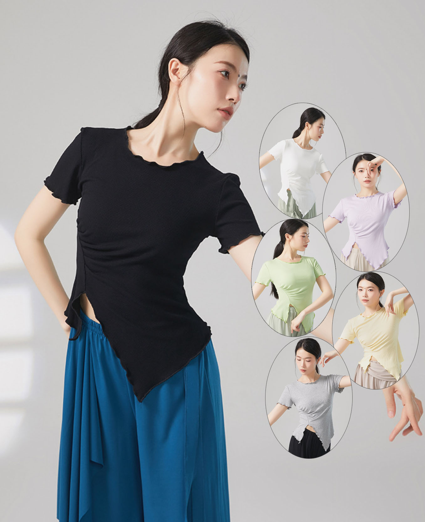 Rakuten - ダンス 衣装 半袖 Tシャツ カットソー レディース シンプル ダンス トップス ヨガ バレエ 古典ダンス 社交ダンス 練習着 レッスン着 ショート丈 三角形 斜め裾 スリット 夏服 カジュアルウエア リブ柄 黒 白 グレー 紫 黄 グリーン S M L XL 2XL