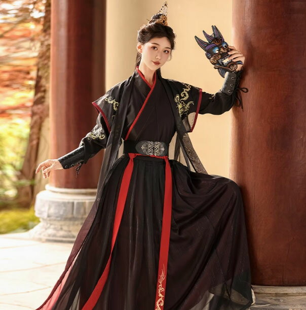 暗黒系 チャイナ服 ベルトと袖カバー付き 5点セット 金色の刺繍 羽織付き レディース 男女兼用 交差襟 漢服 中華衣裳 中国古代服装 中華宋代 古典コスプレ衣装 おしゃれ 武侠 中華服 華流 ハロウィン コスプレ S M L XL 2XL 3XL