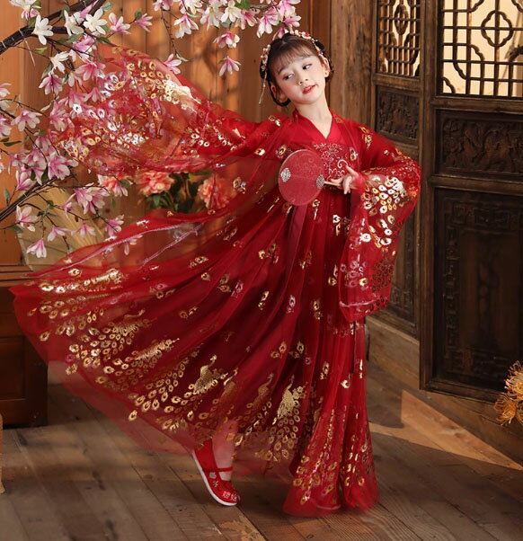 Rakuten - 子供 漢服 羽織付き 女の子 ワインレッド 金色のプリント 孔雀 キラキラ チャイナ服 中華コスプレ衣装 改良 チャイナワンピース チャイナドレス シフォン ふんわり 飄逸 可愛い 子供服 中国古代服装 お姫様 華流 ハロウィン コスプレ衣装 110 120 130 140 150 160