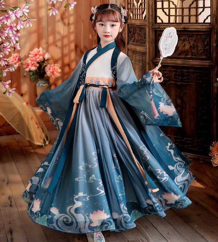 Rakuten - 女の子 チャイナ服 広袖羽織付き チャイナドレス 110 120 130 140 150 160 170 子供 漢服 中華ドレス ブルー系 グラデーション 花プリント 可愛い 漢服ドレス 長袖 お姫様 中華古代古典 漢服コスプレ衣装