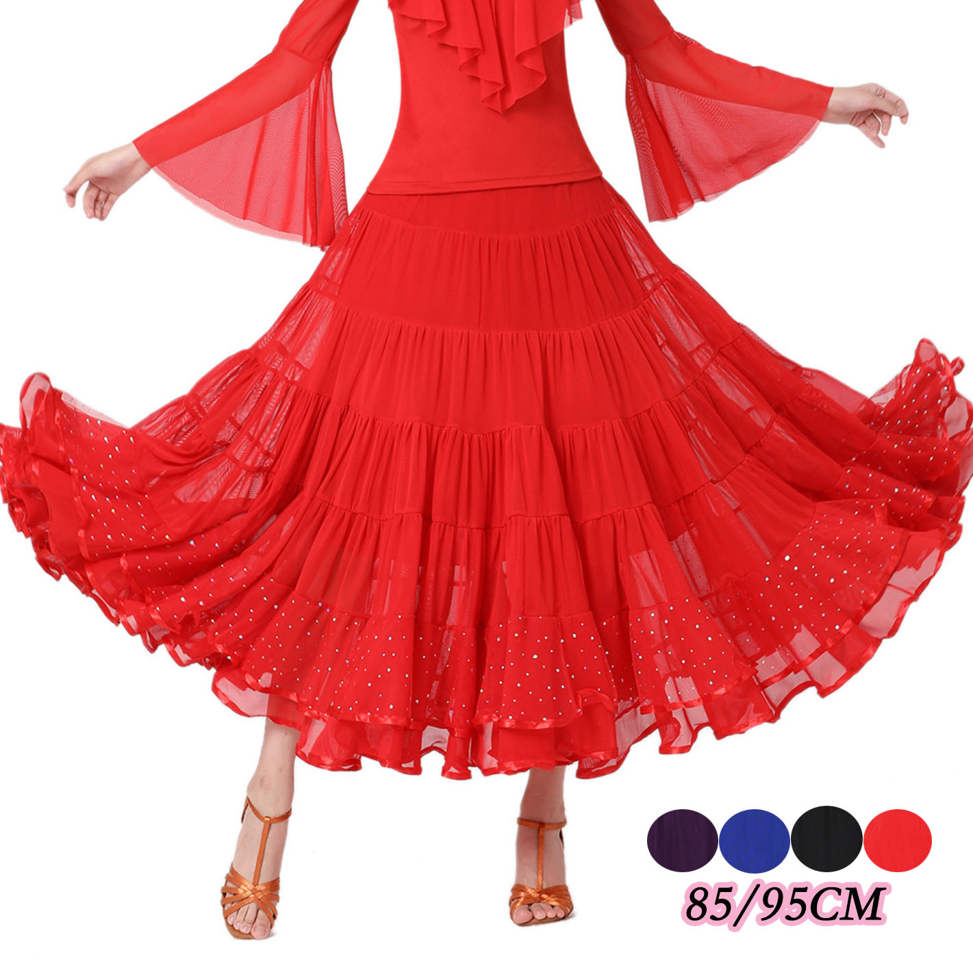 モダンダンス スカート 大きい裾 広がる スカート ロング丈 85cm 90cm チュール 裾フリル ダンス スカート スパンコール キラキラ レディース 社交ダンス ベリーダンス スカート 裏地有り 競技ダンス 古典ダンス 民族ダンス 練習着 レッスン着 黒 赤 紫 青 M L XL