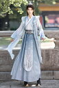 メンズ 漢服 羽織付き 3点セット 華やか チャイナ服 白+青 グラデーション 鶴 タンチョウ おしゃれ 中国古代 王子様 コスプレ衣装 中華古代時代劇 神様 全身コスチューム 男性 大人 華流 中華 コスプレ チャイナ風 ハロウィン 衣裳 S M L XL 2XL