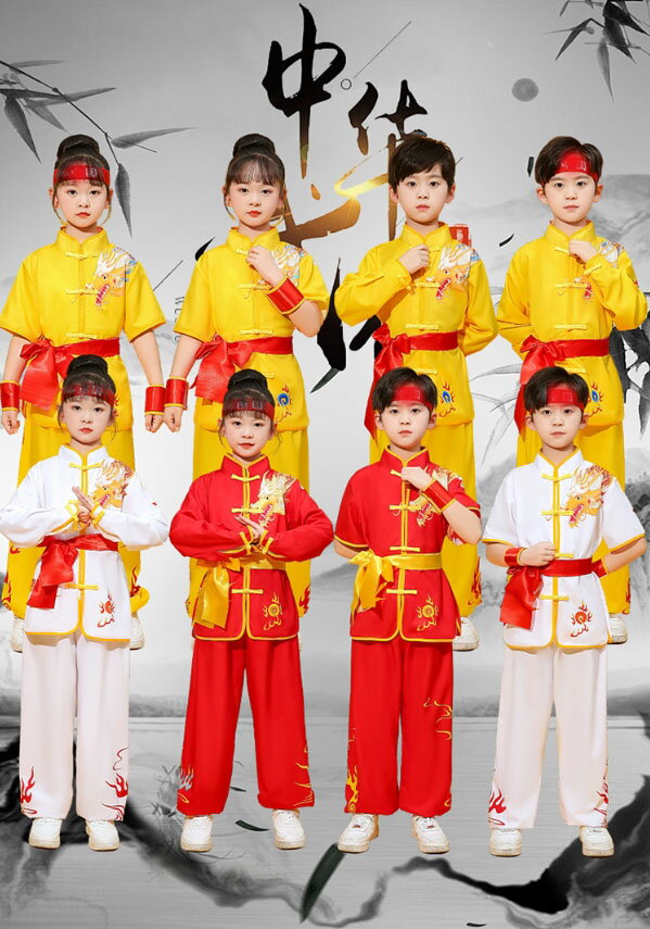 Rakuten - 太極拳 ウエア 上下セット 長袖 半袖 キッズ 大人 男女兼用 太極拳服 武術 カンフー ウエア 大きい龍プリント ベルト付き ゆったり チャイナ風 太極拳 武術 表演 演舞 ダンス ステージ 衣装 スポーツウエア 白 黄 赤 110-190cm