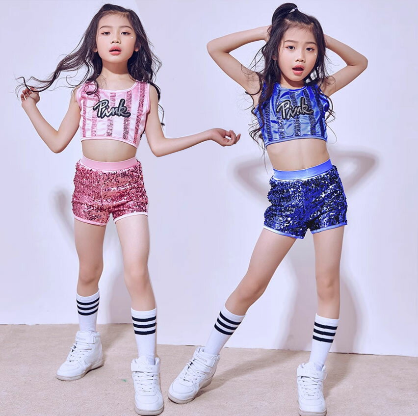 キッズ ダンス衣装 女の子 ヒップホップ チアダンス 衣装 靴下付き3点セット スパンコール キラキラ タンクトップ＋ショートパンツ 発表会 体育祭 運動会 チアガール 応援 お揃い ダンス 衣装 ピンク ブルー 110 120 130 140 150 160 170