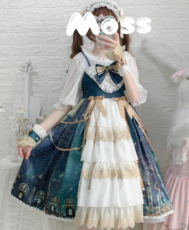 ロリータドレス 大人 ジャンパースカート ミドル丈 ミモレ丈 ロリータ ワンピース レディース レトロ 宮廷風 ゴスロリ＆ロリータ服 フリル 蝶リボン プリンセス ロリータファッション コスチューム Aライン LOLITA DRESS 髪飾り追加可 グリーン系 S M L XL