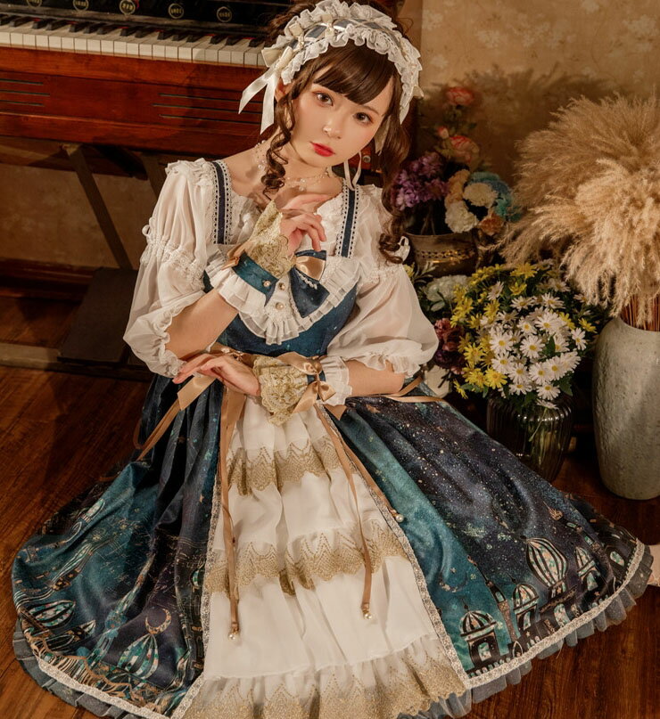 ロリータドレス 大人 ジャンパースカート ミドル丈 ミモレ丈 ロリータ ワンピース レディース レトロ 宮廷風 ゴスロリ＆ロリータ服 フリル 蝶リボン プリンセス ロリータファッション コスチューム Aライン LOLITA DRESS 髪飾り追加可 グリーン系 S M L XL