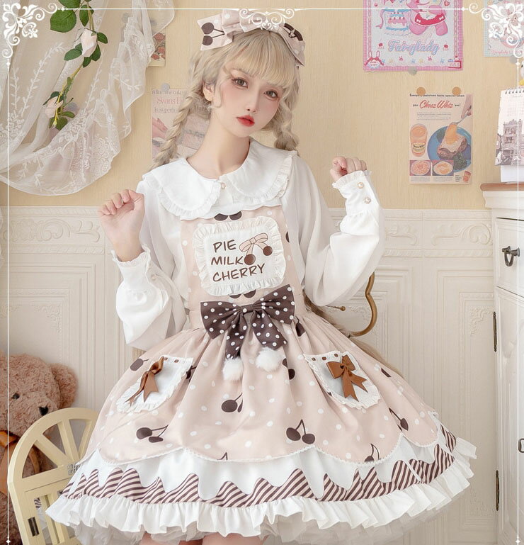 ロリータ ジャンパースカート 白系 クリーム色 女性 大人 お姫様 ロリータ ワンピース フリル付き ポンポン付き蝶リボン 萌え萌え ゴスロリ＆ロリータ服 甘ロリー コスチューム 膝丈 ミドル丈 ショート丈 LOLITA ロリータ ドレス シャツ追加可能 S M L XL
