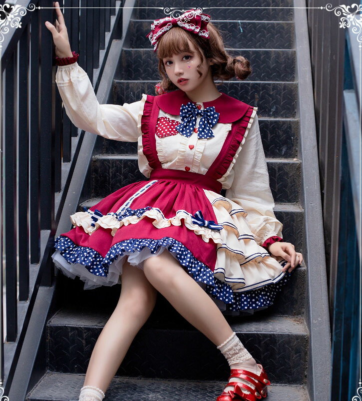 ショート丈 ジャンパースカート 膝丈 ロリータ ワンピース 水玉 フリル ティアード ジャンパースカート お姫様 ロリータ服 大人 ジュニア ロリータ ドレス 長袖ブラウス 単品 2点セット 萌え萌え ゴスロリ＆ロリータファッション コスチューム ベージュ＋ワインレッド