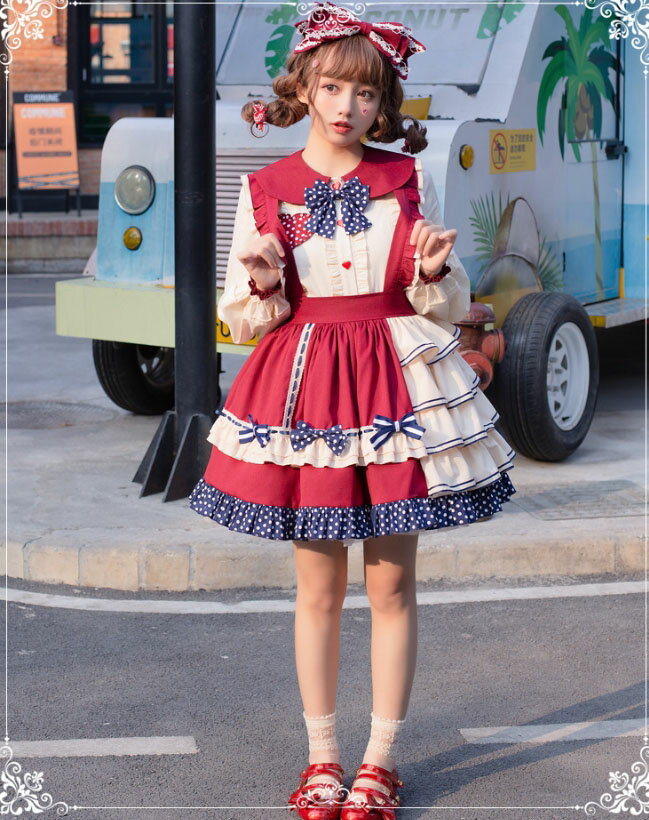 ショート丈 ジャンパースカート 膝丈 ロリータ ワンピース 水玉 フリル ティアード ジャンパースカート お姫様 ロリータ服 大人 ジュニア ロリータ ドレス 長袖ブラウス 単品 2点セット 萌え萌え ゴスロリ＆ロリータファッション コスチューム ベージュ＋ワインレッド