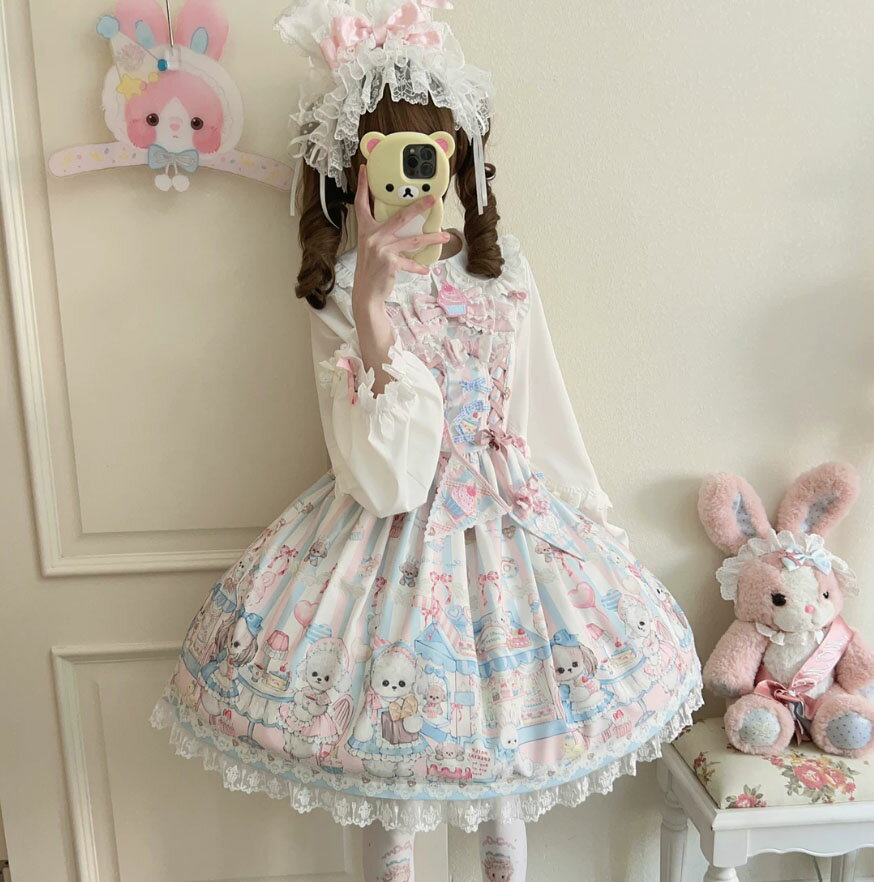 Rakuten - ジャンパースカート ロリータ ワンピース 大人 ゴスロリ ロリータ ドレス ミドル丈 膝丈 Aライン 可愛い ロリータ服 lolita ワンピース リボン 裾レース お姫様 ロリータ 洋装 帯付き レディース 女子 スイート系 ロリータ キャミソール ワンピース ピンク ブルー S M L