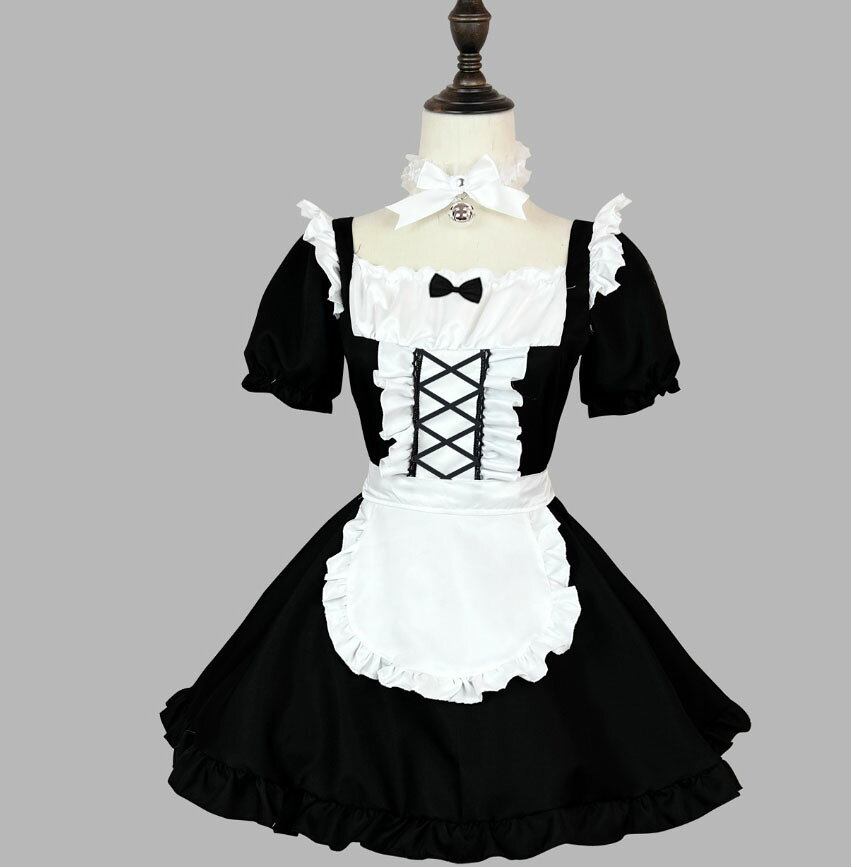 乐天商城 - ショート丈 メイド服 半袖 メイド コスプレ衣装 ネックレスとカチューシャ付き 女性 大人 メイドコスチューム 喫茶店 ウェイトレス 制服 膝丈 フリル裾 ワンピース エプロンドレス ロリータワンピース ハロウィーン イベンド 学園祭 COSPLAY 仮装 黒＋白 パニエ追加可