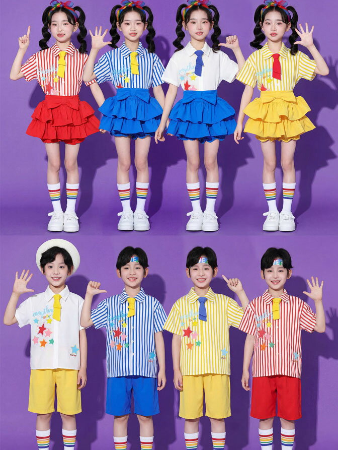 樂天商城 - 子供 ステージ衣装 チアリーディング 学園祭 イベント 合唱 応援 お揃い ダンス 衣装 女の子 男の子 学園 制服 夏服 半袖 シャツ＋半ズボン/ティアードスカート ストライプ 星柄 黄 赤 青 可愛い 子供服 セットアップ 2点 4点セット キッズ ジュニア ダンス衣装 110-180
