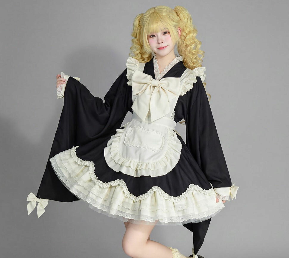 乐天商城 - 着物 メイド服 レディース 和風 ロリータ ドレス 和服 メイドコス 振り袖 大きい蝶リボン 裾フリル ショート丈 メイド服 エプロンドレス 黒＋白 ミニ 着物ドレス Aライン ふわふわ 萌え萌え コスプレ 衣装 パニエ追加可