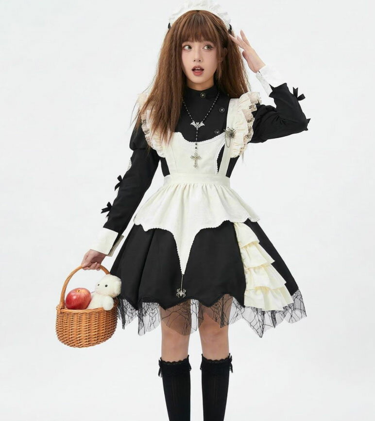 乐天商城 - 長袖 ミドル丈 メイド服 ゴシック ロリータ メイド服 コスプレ ワンピース レディース 大人 ハイネック パフスリーブ 暗黒系 巫女 悪魔 メイドコスチューム エプロンドレス 喫茶店 カフェ 制服 メイド コスプレ ハロウィン 衣装 女装 大きいサイズ有 ネックレス付 S～5XL