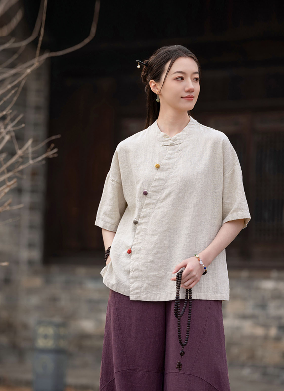 乐天商城 - 春夏向け 綿麻ブラウス レディース 五分袖 苧麻 トップス 新作 リネン チャイナ服 チャイナブラウス エスニック ゆったり ショート丈 ナチュラル服 上質 斜めボタン おしゃれ 中華民族風 ブラウス 白 ベージュ レンガ