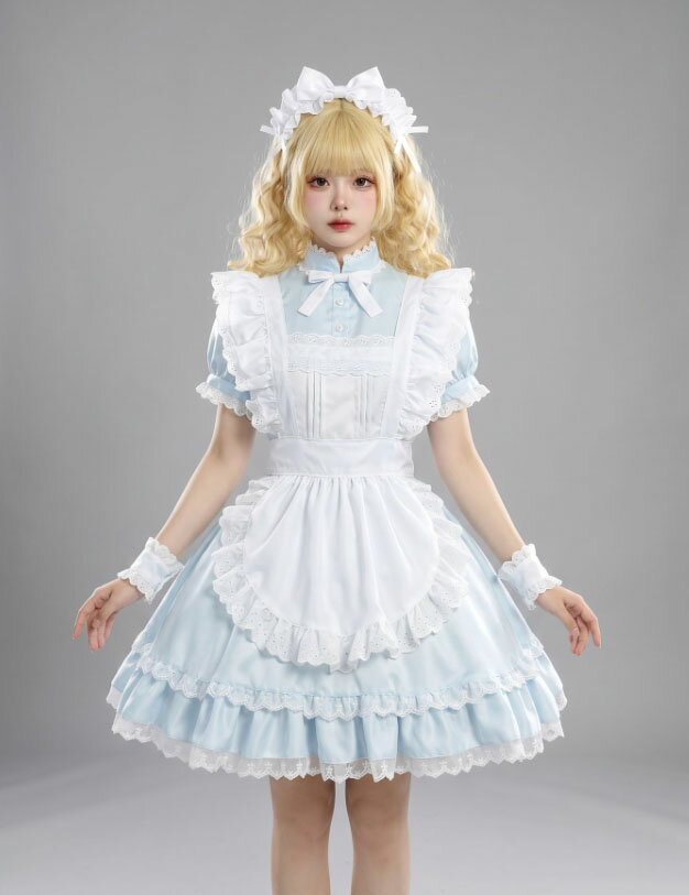 半袖 メイド服 新作 レディース ゴスロリ＆ロリータ風 メイド服 エプロンドレス ハイネック 膝丈 ショート丈 ロリータ ワンピース 裾レース・フリル 髪飾り アームカバー付き 可愛い 甘ロリー メイドコスチューム 大人 アニメ キャラクタ コスプレ 衣装 ブルー ピンクS～5XL