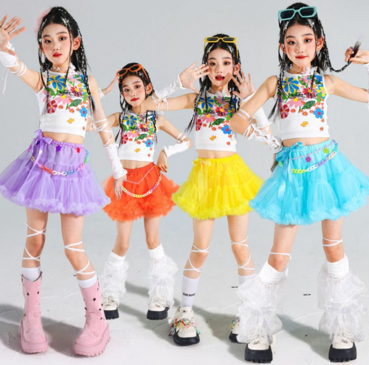 女の子 ヒップホップ ジャズ HIPHOP チアダンス 衣装 カラフル 内容豊富 花柄 タンクトップス ＋ ショート丈 チュチュスカート 子供 ジュニア 幼稚園 小学校 運動会 体育祭 イベント チアガール 合唱 ダンス 応援 ステージ 衣装110～170 ピンク 紫 黄 緑 青 橙