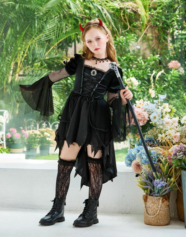 子供 ハロウィン コスプレ衣装 女の子 魔女 巫女 悪魔 ウィッチ ゾンビ 吸血鬼 仮装 衣装 暗黒系 ミドル丈ワンピース 長袖 網 レース ラッパ袖 キッズ ゴシック 不規則裾 後ろが長い ワンピース コスチューム ネックレス 靴下 カチューシャ 帽子等小物追加可 黒 120-160 junchan-10010334 純の洋服屋さん サンプル画像3