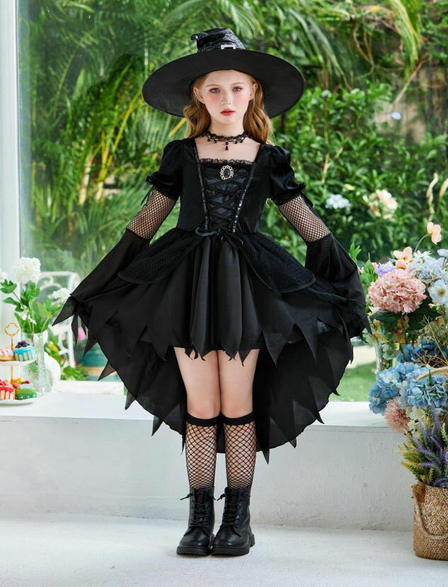 子供 ハロウィン コスプレ衣装 女の子 魔女 巫女 悪魔 ウィッチ ゾンビ 吸血鬼 仮装 衣装 暗黒系 ミドル丈ワンピース 長袖 網 レース ラッパ袖 キッズ ゴシック 不規則裾 後ろが長い ワンピース コスチューム ネックレス 靴下 カチューシャ 帽子等小物追加可 黒 120-160 junchan-10010334 純の洋服屋さん パッケージ画像
