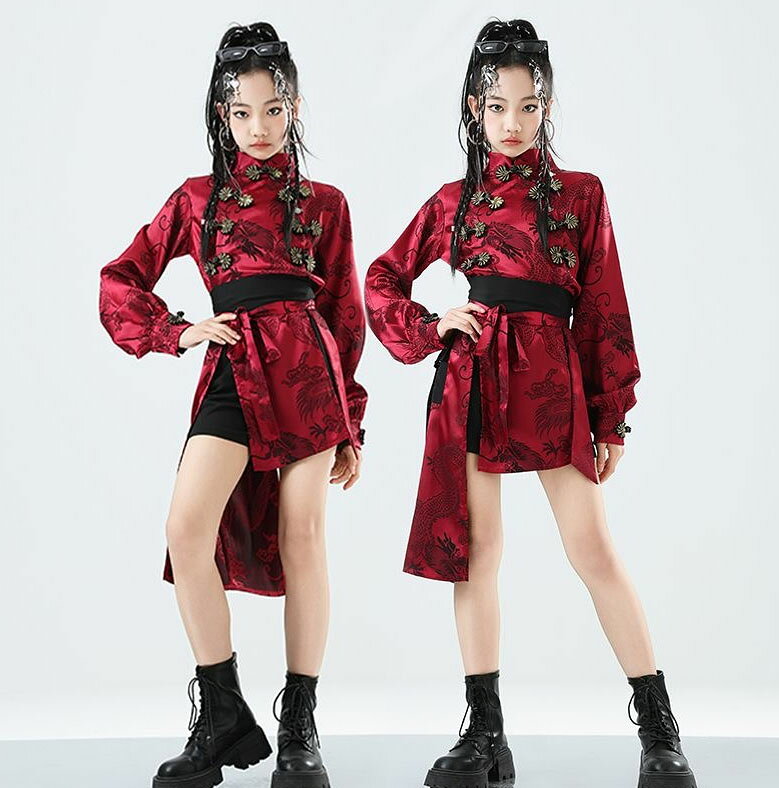 女の子 ジャズ ストリートダンス 衣装 中華古典風 ダンスウエア ベルト付き 3点セット ワインレッド 長袖 不規則 ミ…
