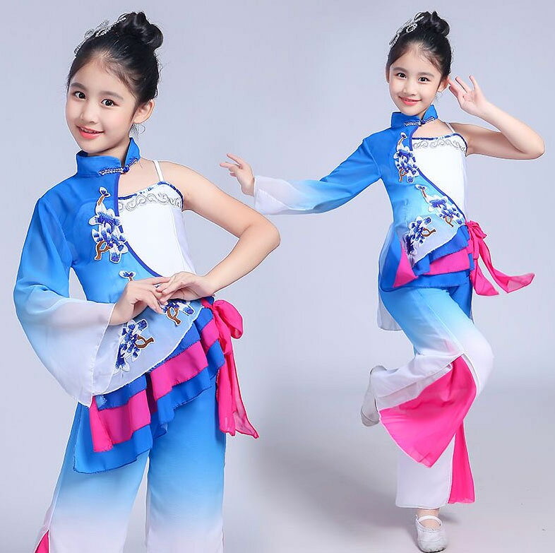 子供 中華民族風 ダンス衣装 上下3点セット 女の子 ブルー系 グラデーション チャイナ古典ダンス 民族ダンス 衣装 シ…
