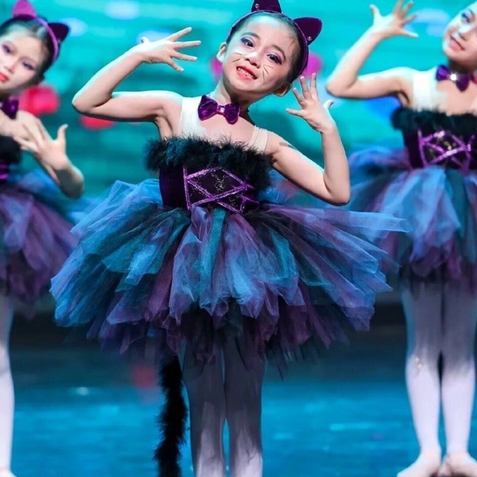 子供 ダンス コスプレ衣装 女の子 猫ちゃん ニャンコ コスチューム ダンス 衣装 110-160 紫＋黒 ミドル丈 チュチュ ワンピース ふわふわ ボリューム チュチュドレス ノースリーブ 耳カチューシャ 尻尾 首飾り 妖精 動物 仮装 変装 ステージ衣装
