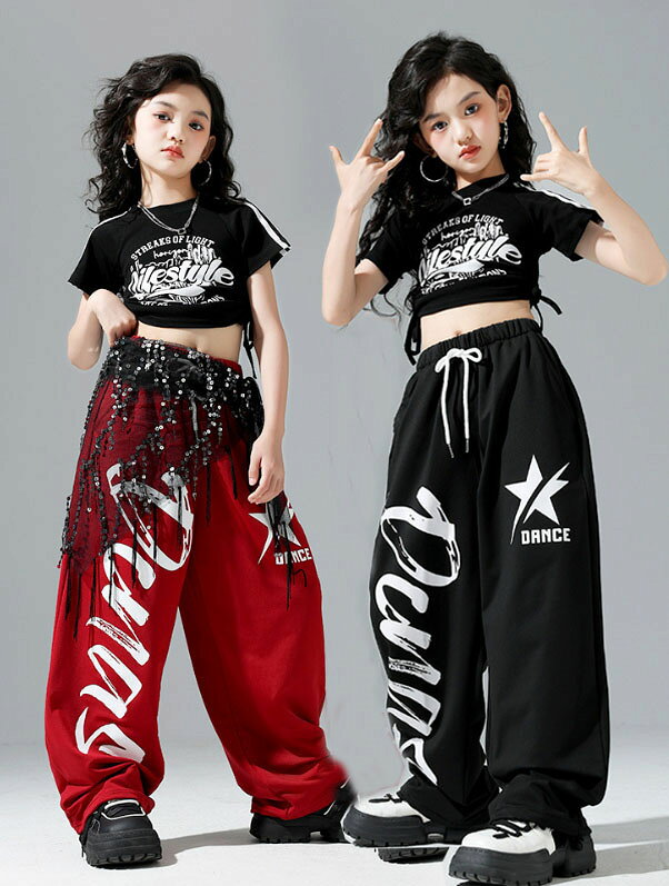 女の子 ストリート ダンスウエア お腹出し ジャズ ヒップホップ ダンス 衣装 半袖 Tシャツ＋長ズボン ジャージ 2点セ…
